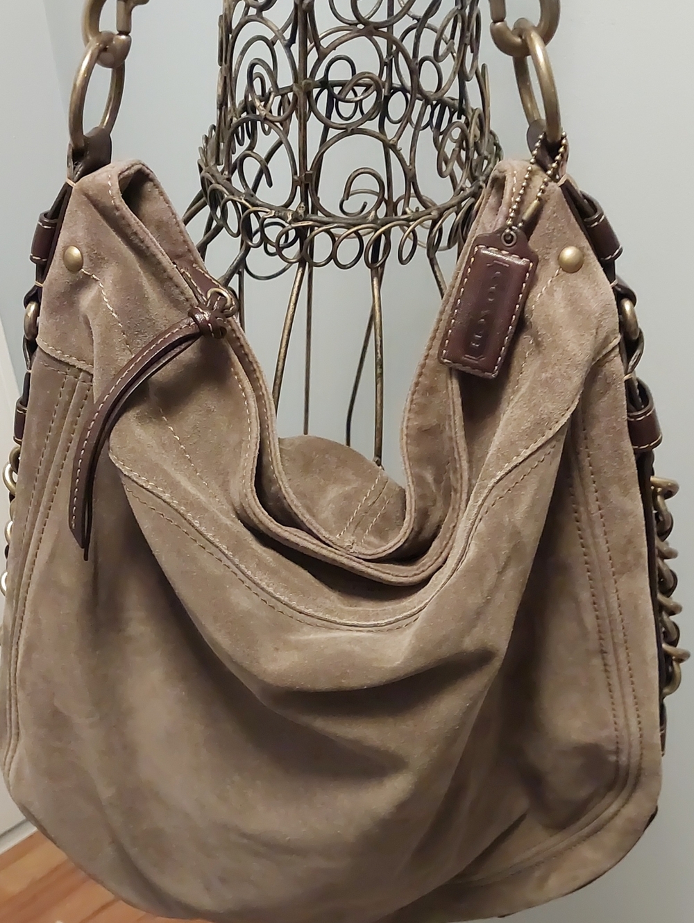 Coach Taupe Suede Shoulder Hobo with Chain-Link Strap